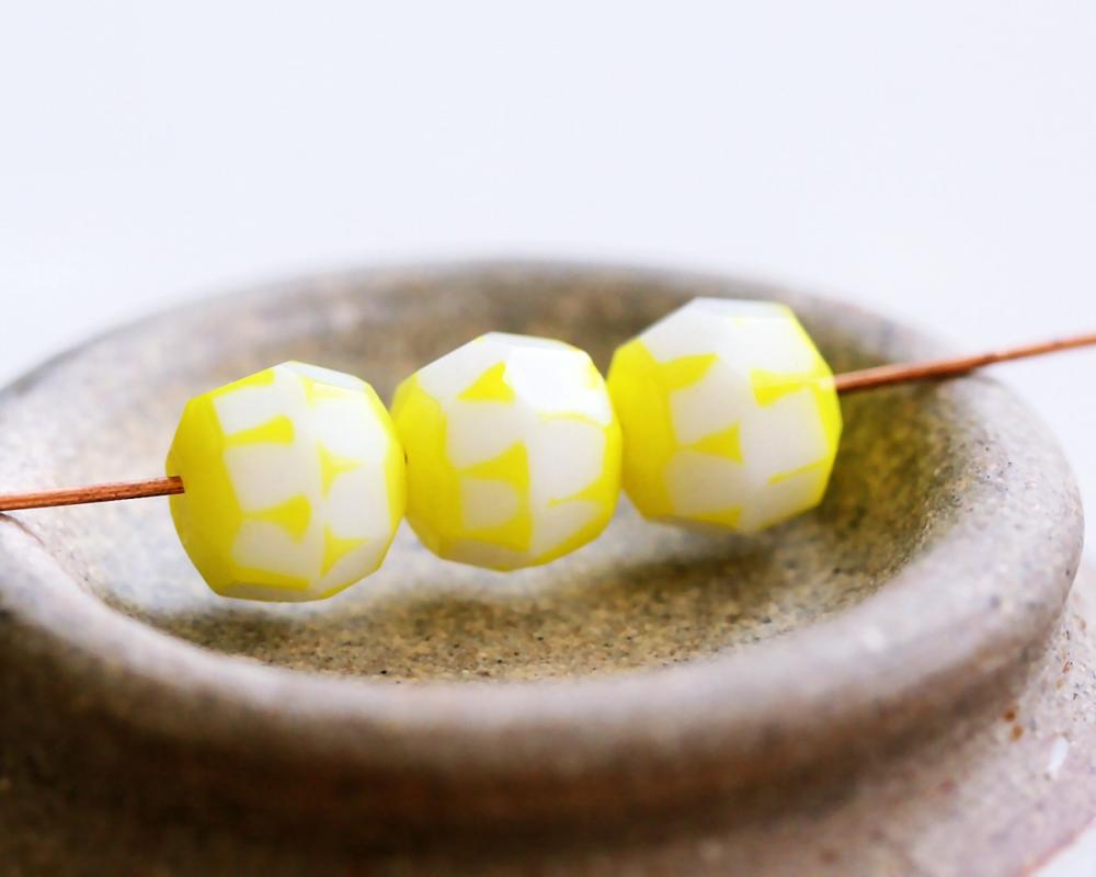 Vintage Bi-color White and Sunny Yellow Faceted Glass Beads
