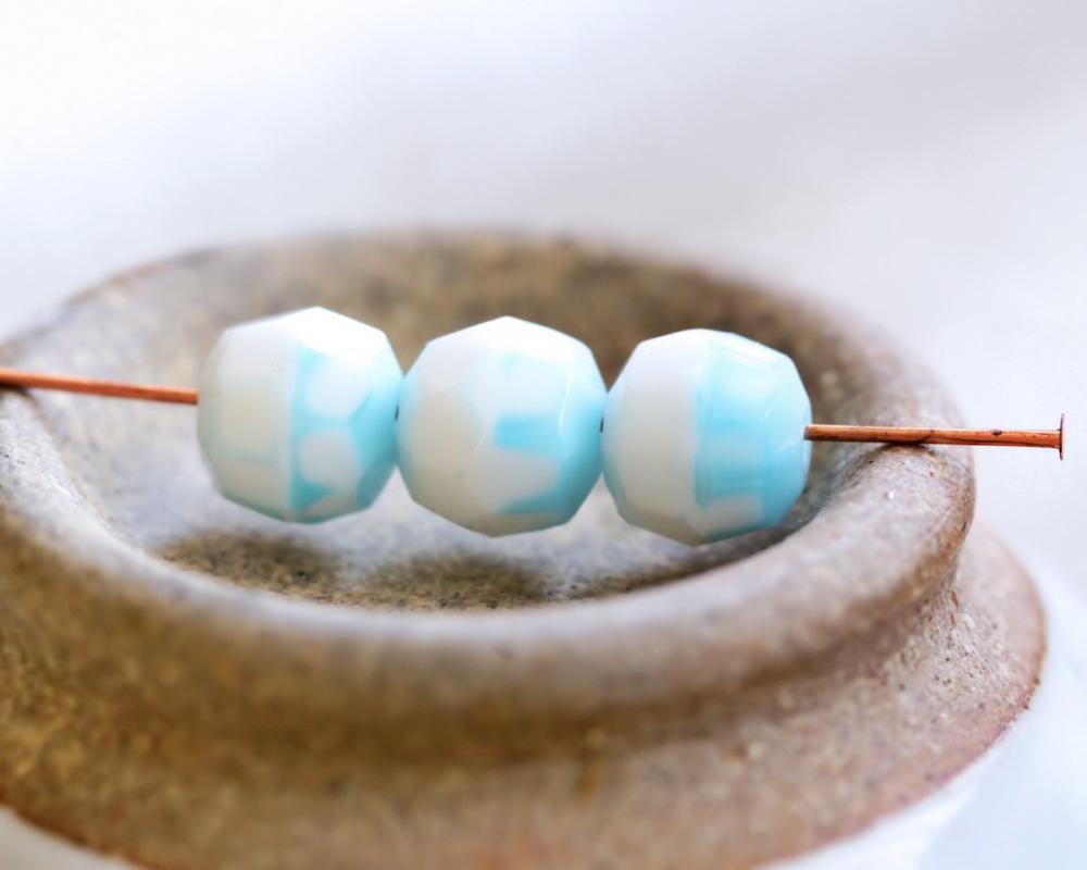 Vintage Bi-color White and Soft Blue Faceted Glass Beads