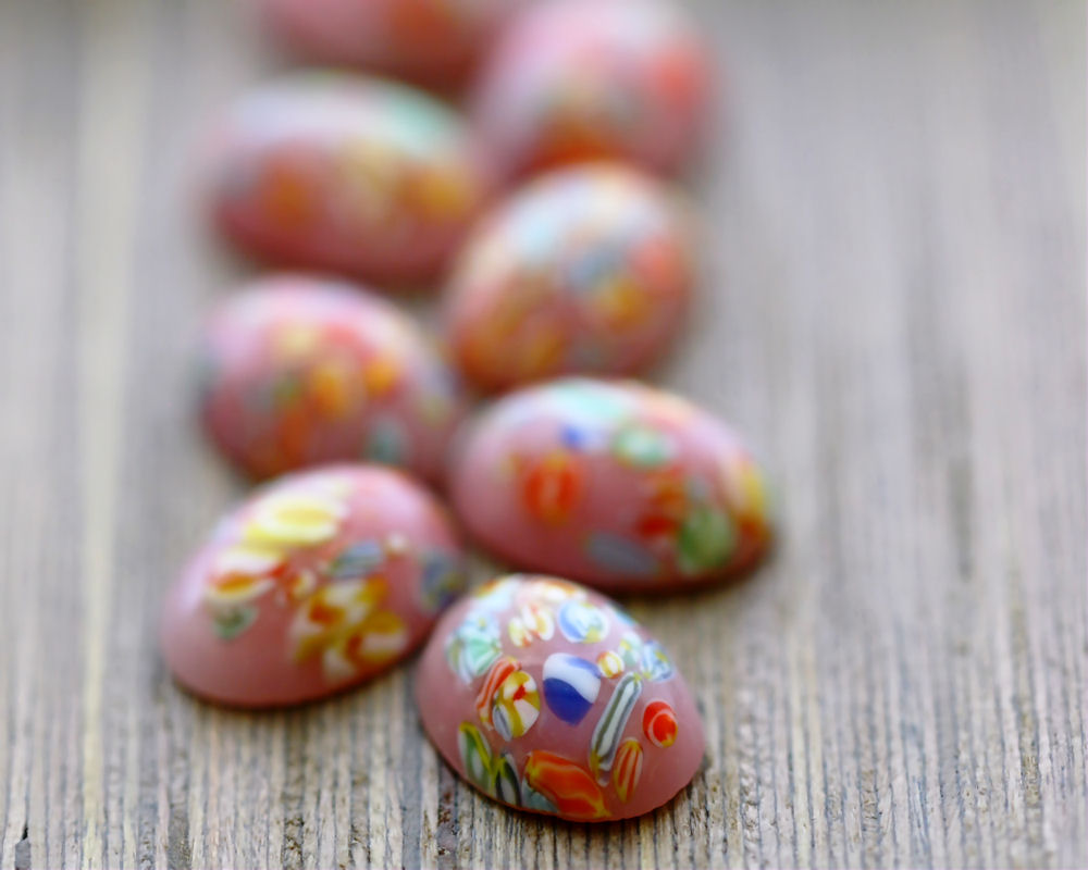 Vintage Pink Millefiori Flat Back Glass Cabochons from Japan