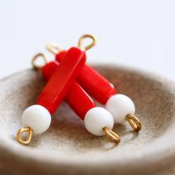 Vintage Red White with Brass Loops Connector Glass Beads