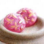 Vintage Golden Butterfly Rose Pink Moonglow Glass Buttons